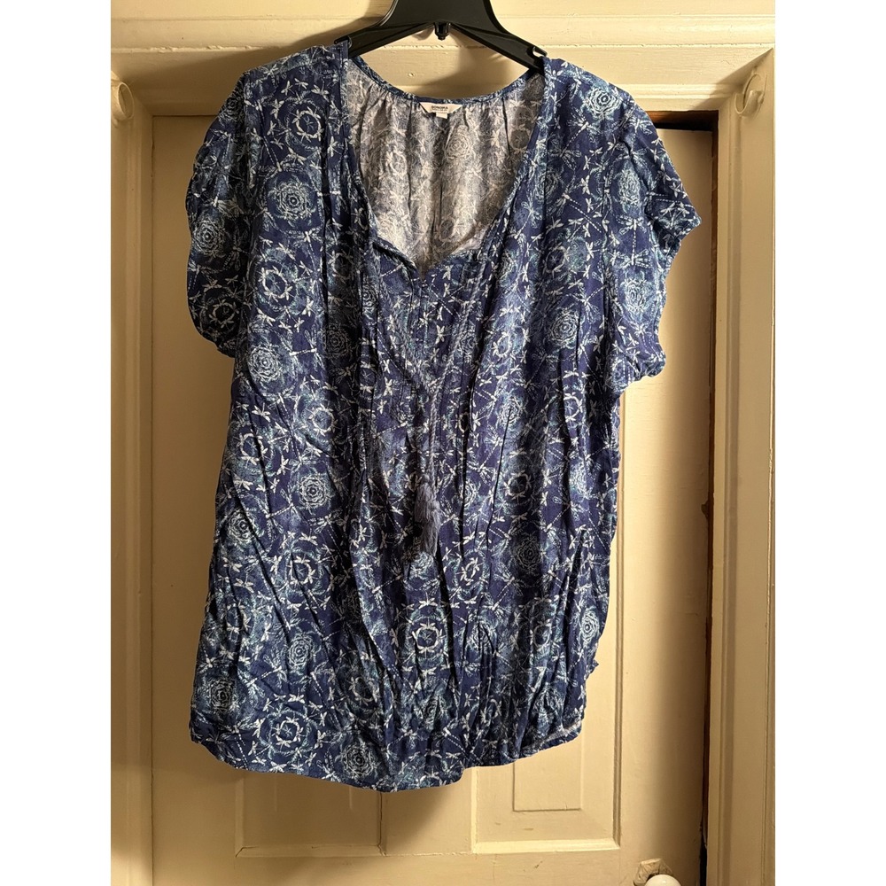 Sonoma Goods For Life Women 2X Blue Medallion Dragonfly Print Tassel Blouse